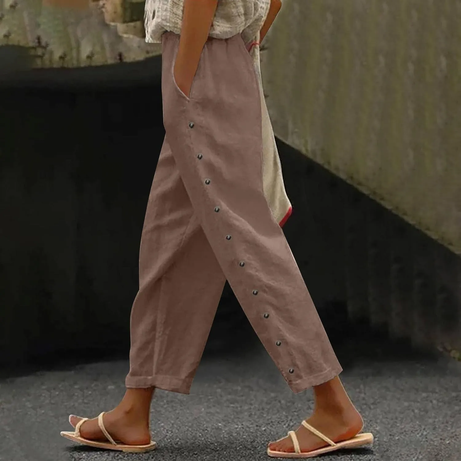 Women's Cotton Pants Striped Side Button Elastic Waist Trendy Pants Straight Leg Baggy with Pocket Comfy Trousers