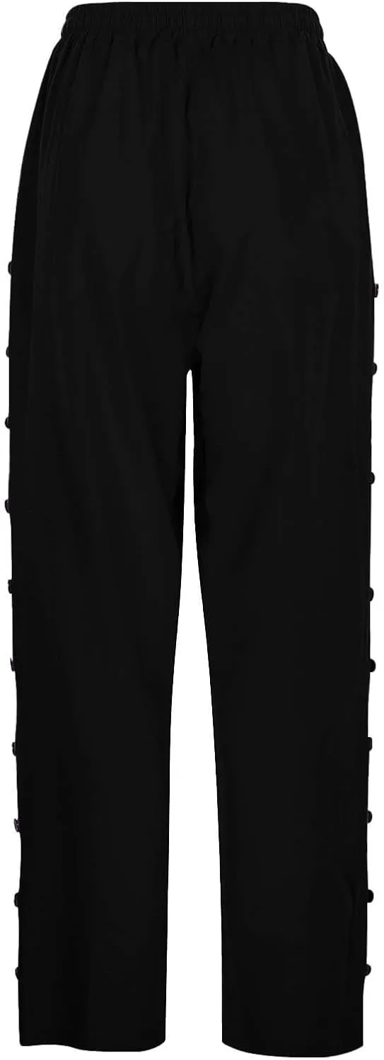 Women's Cotton Pants Striped Side Button Elastic Waist Trendy Pants Straight Leg Baggy with Pocket Comfy Trousers