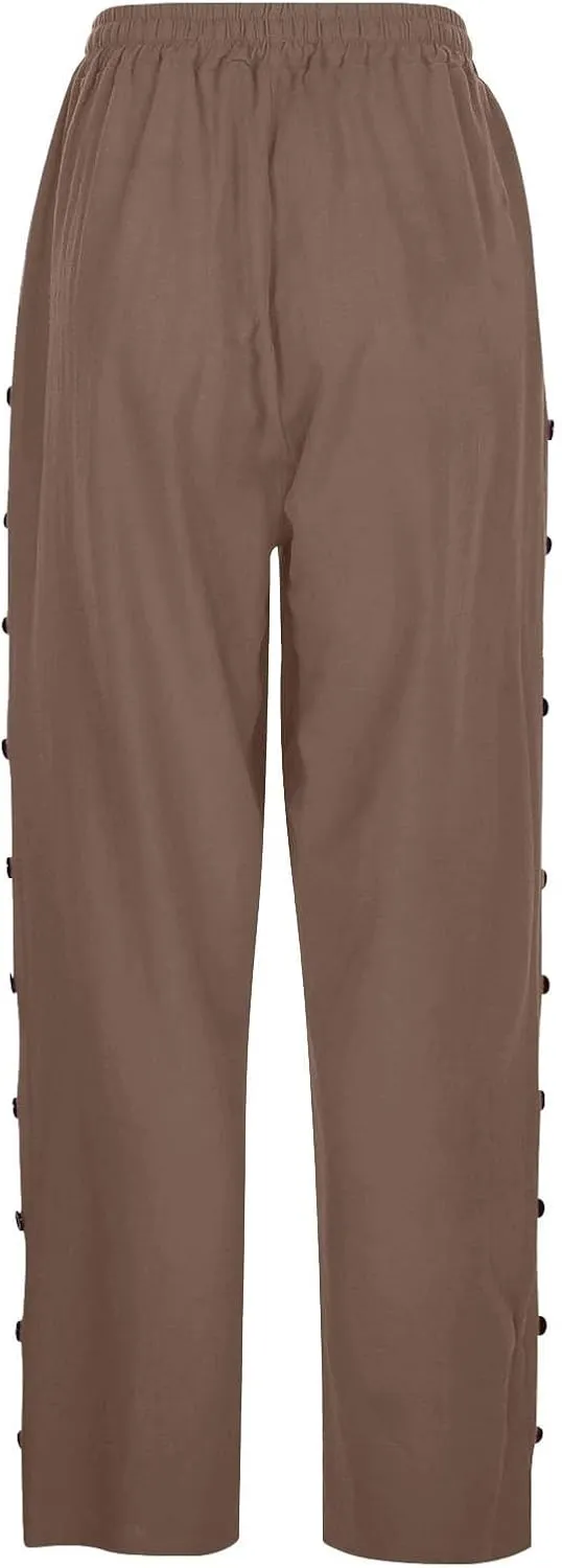 Women's Cotton Pants Striped Side Button Elastic Waist Trendy Pants Straight Leg Baggy with Pocket Comfy Trousers