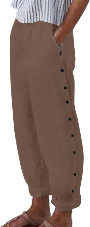 Women's Cotton Pants Striped Side Button Elastic Waist Trendy Pants Straight Leg Baggy with Pocket Comfy Trousers
