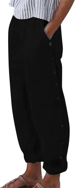 Women's Cotton Pants Striped Side Button Elastic Waist Trendy Pants Straight Leg Baggy with Pocket Comfy Trousers