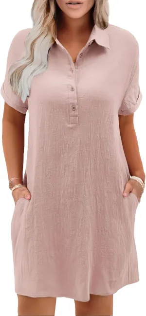 Womens Cotton Shirt Dress Summer 2025 Beach Swimsuit Coverup Button Down V Neck Midi Dresses