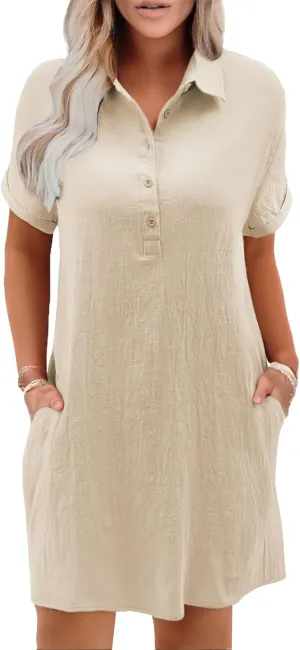 Womens Cotton Shirt Dress Summer 2025 Beach Swimsuit Coverup Button Down V Neck Midi Dresses