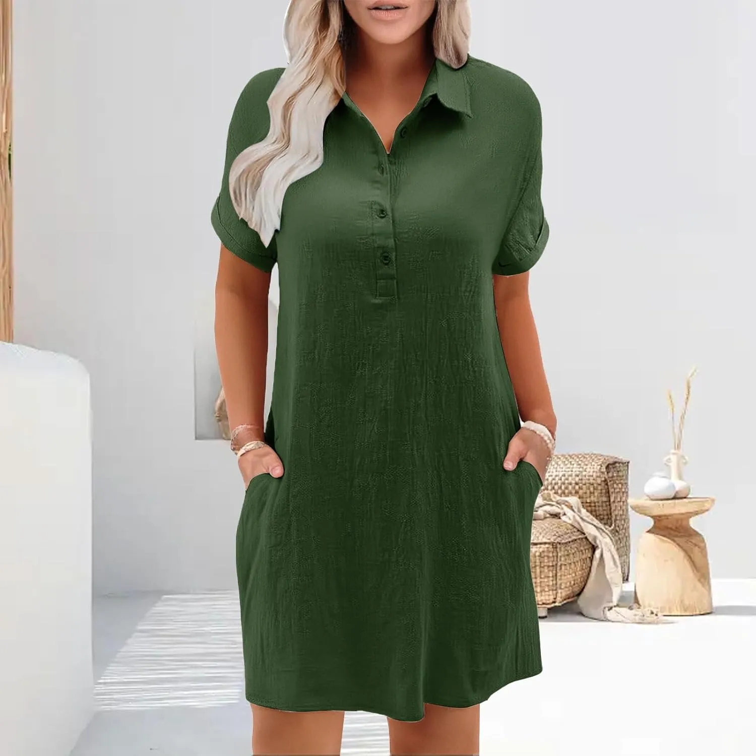 Womens Cotton Shirt Dress Summer 2025 Beach Swimsuit Coverup Button Down V Neck Midi Dresses