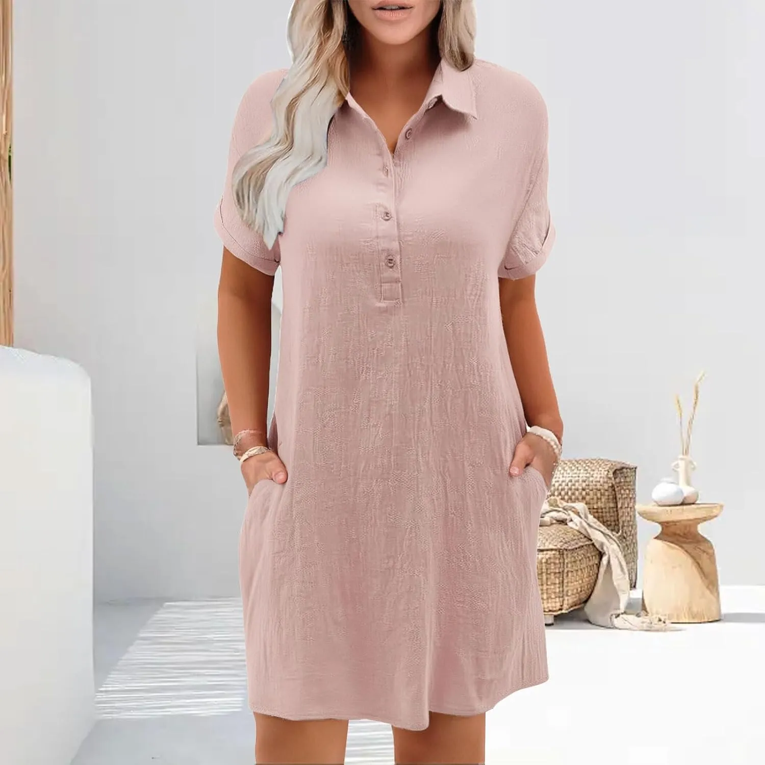 Womens Cotton Shirt Dress Summer 2025 Beach Swimsuit Coverup Button Down V Neck Midi Dresses