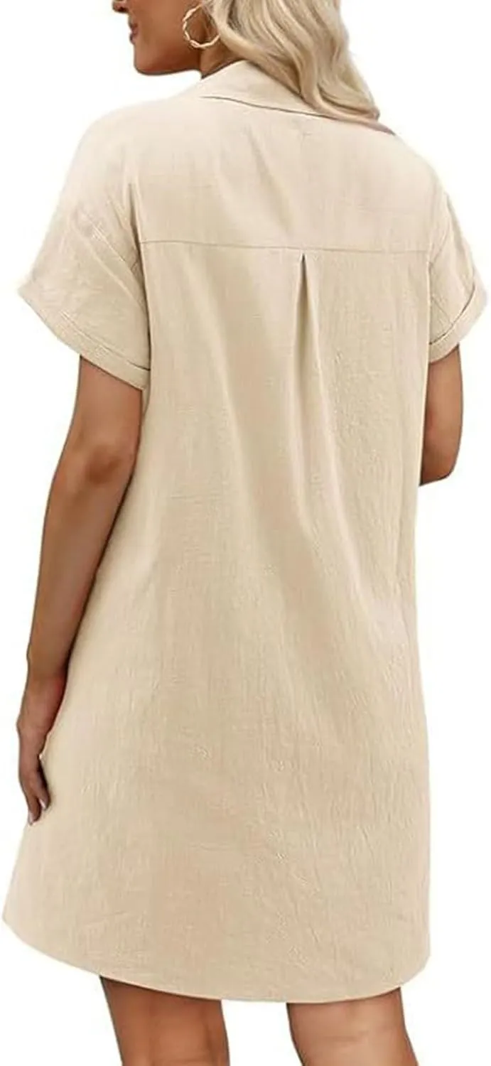 Womens Cotton Shirt Dress Summer 2025 Beach Swimsuit Coverup Button Down V Neck Midi Dresses