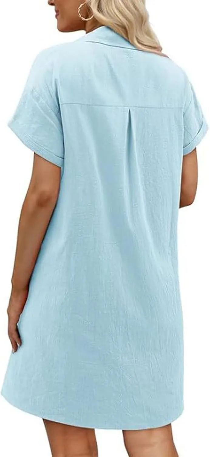 Womens Cotton Shirt Dress Summer 2025 Beach Swimsuit Coverup Button Down V Neck Midi Dresses