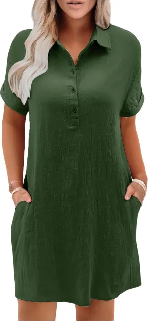Womens Cotton Shirt Dress Summer 2025 Beach Swimsuit Coverup Button Down V Neck Midi Dresses