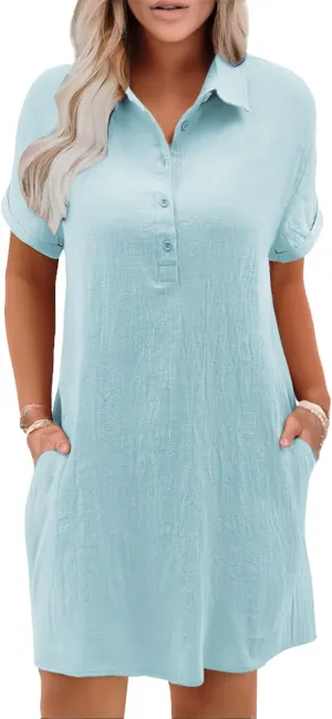 Womens Cotton Shirt Dress Summer 2025 Beach Swimsuit Coverup Button Down V Neck Midi Dresses