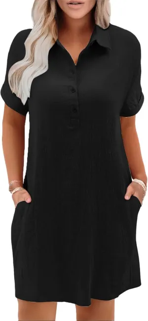 Womens Cotton Shirt Dress Summer 2025 Beach Swimsuit Coverup Button Down V Neck Midi Dresses