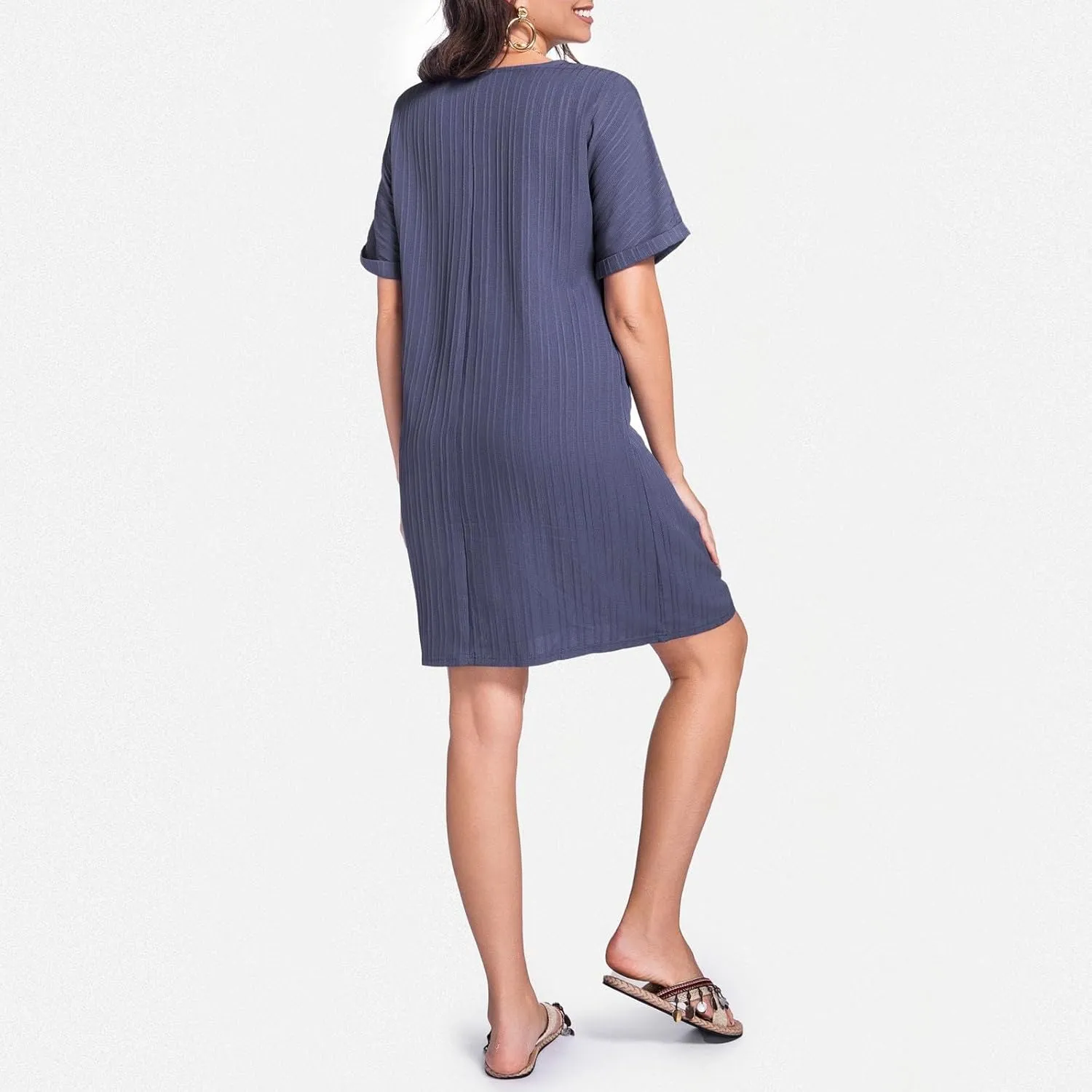 Womens Cotton Shirt Dress Summer Casual Short Sleeve Button Down Beach Cover Up Shirts with Pockets