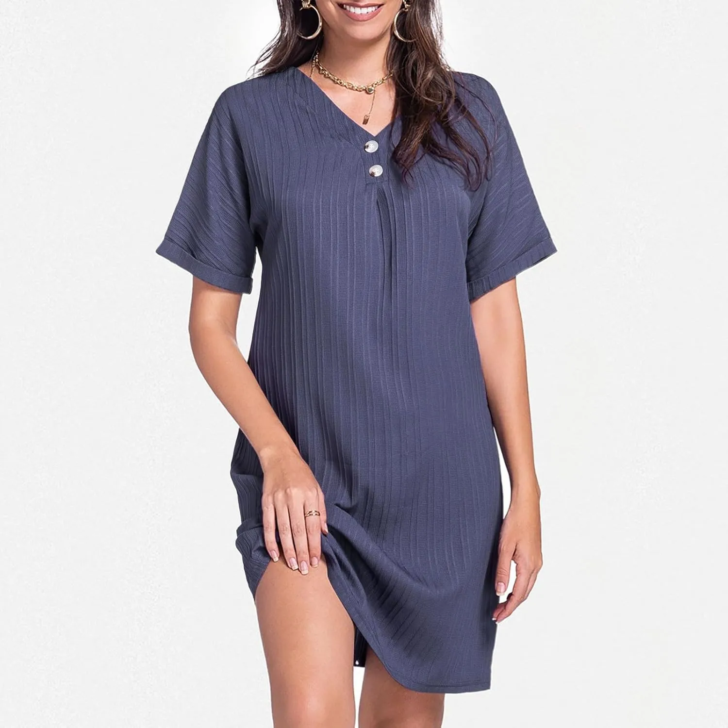 Womens Cotton Shirt Dress Summer Casual Short Sleeve Button Down Beach Cover Up Shirts with Pockets
