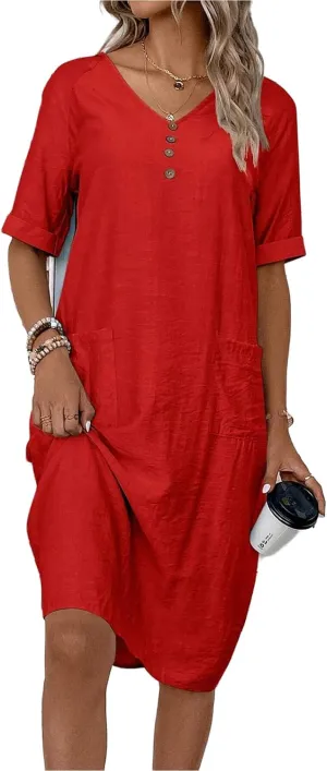Womens Cotton Shirt Dress Summer Casual Short Sleeve V-Neck Dress Beach Cover Up Shirts Vacation Dresses with Pockets