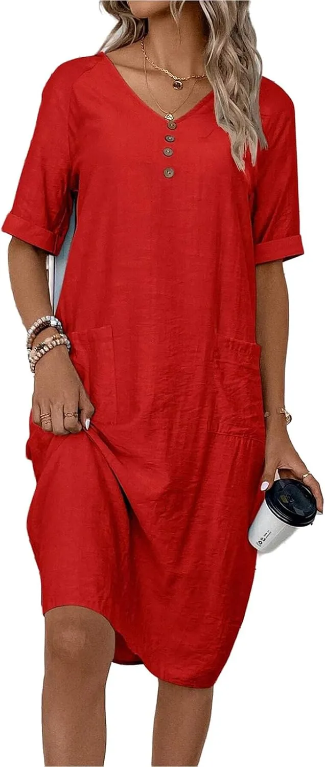 Womens Cotton Shirt Dress Summer Casual Short Sleeve V-Neck Dress Beach Cover Up Shirts Vacation Dresses with Pockets