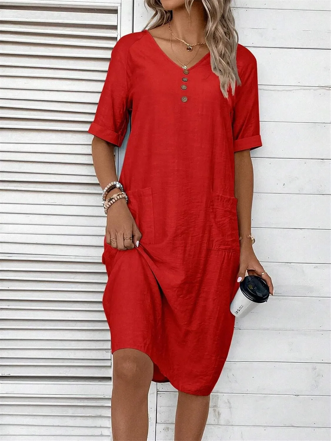Womens Cotton Shirt Dress Summer Casual Short Sleeve V-Neck Dress Beach Cover Up Shirts Vacation Dresses with Pockets