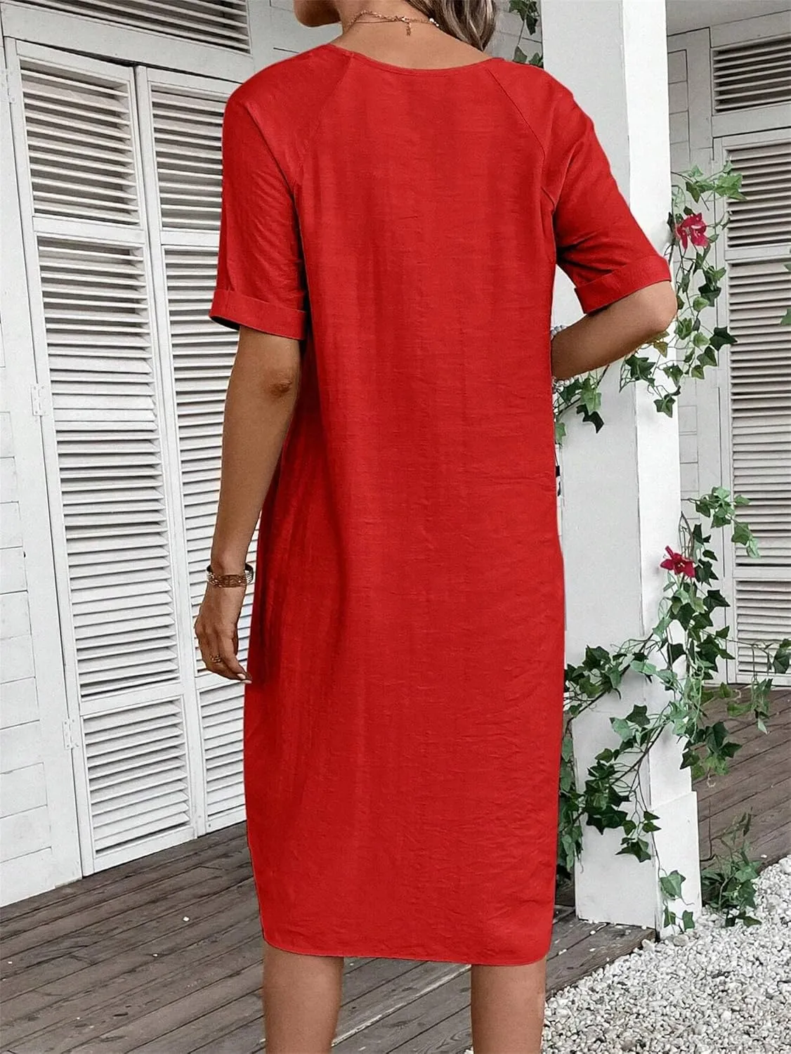 Womens Cotton Shirt Dress Summer Casual Short Sleeve V-Neck Dress Beach Cover Up Shirts Vacation Dresses with Pockets
