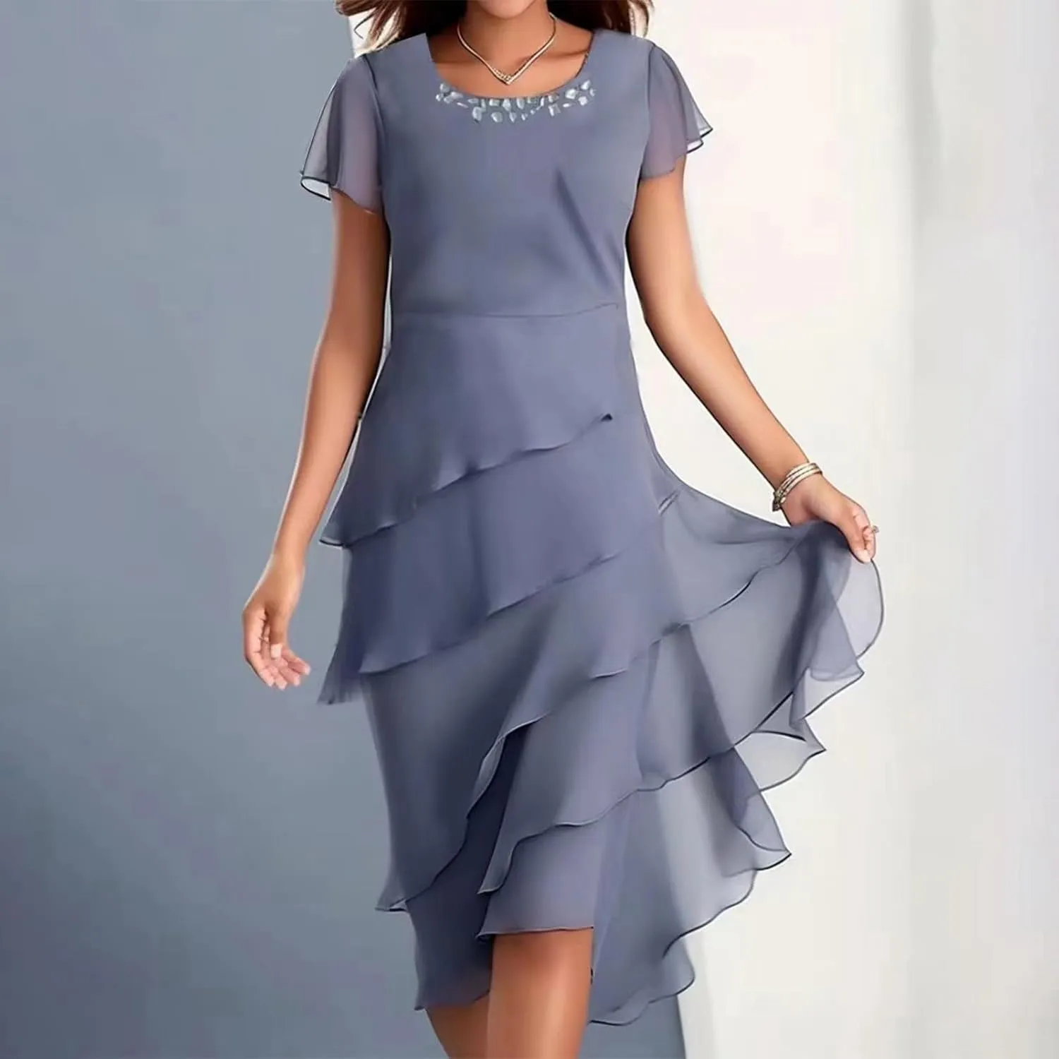 Women's Dress 2025 Summer Elegant Short Sleeve Knee Length Flowy Cocktail Dresses Layered Chiffon Wedding Guests Dresses