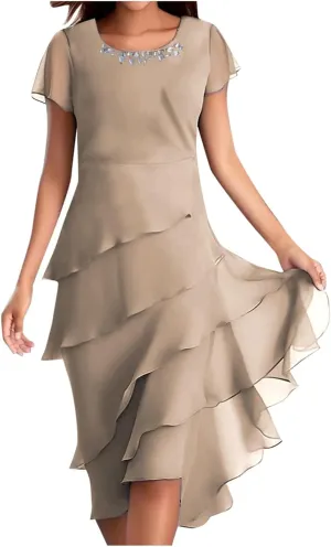 Women's Dress 2025 Summer Elegant Short Sleeve Knee Length Flowy Cocktail Dresses Layered Chiffon Wedding Guests Dresses