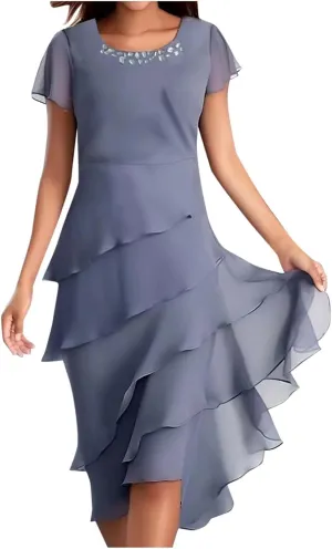 Women's Dress 2025 Summer Elegant Short Sleeve Knee Length Flowy Cocktail Dresses Layered Chiffon Wedding Guests Dresses