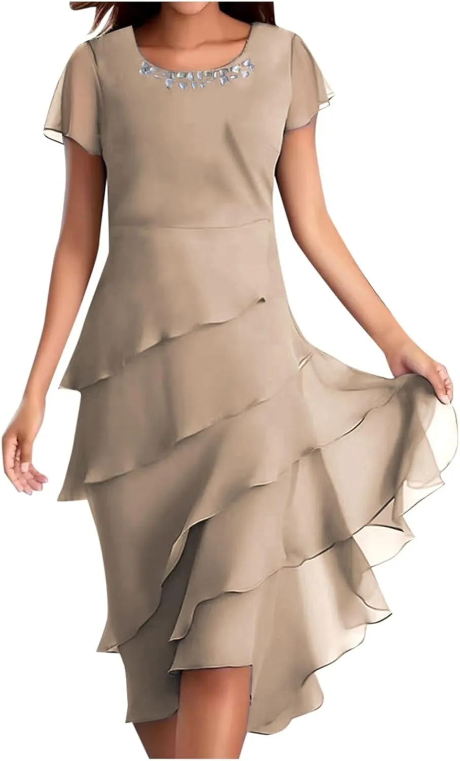 Women's Dress 2025 Summer Elegant Short Sleeve Knee Length Flowy Cocktail Dresses Layered Chiffon Wedding Guests Dresses