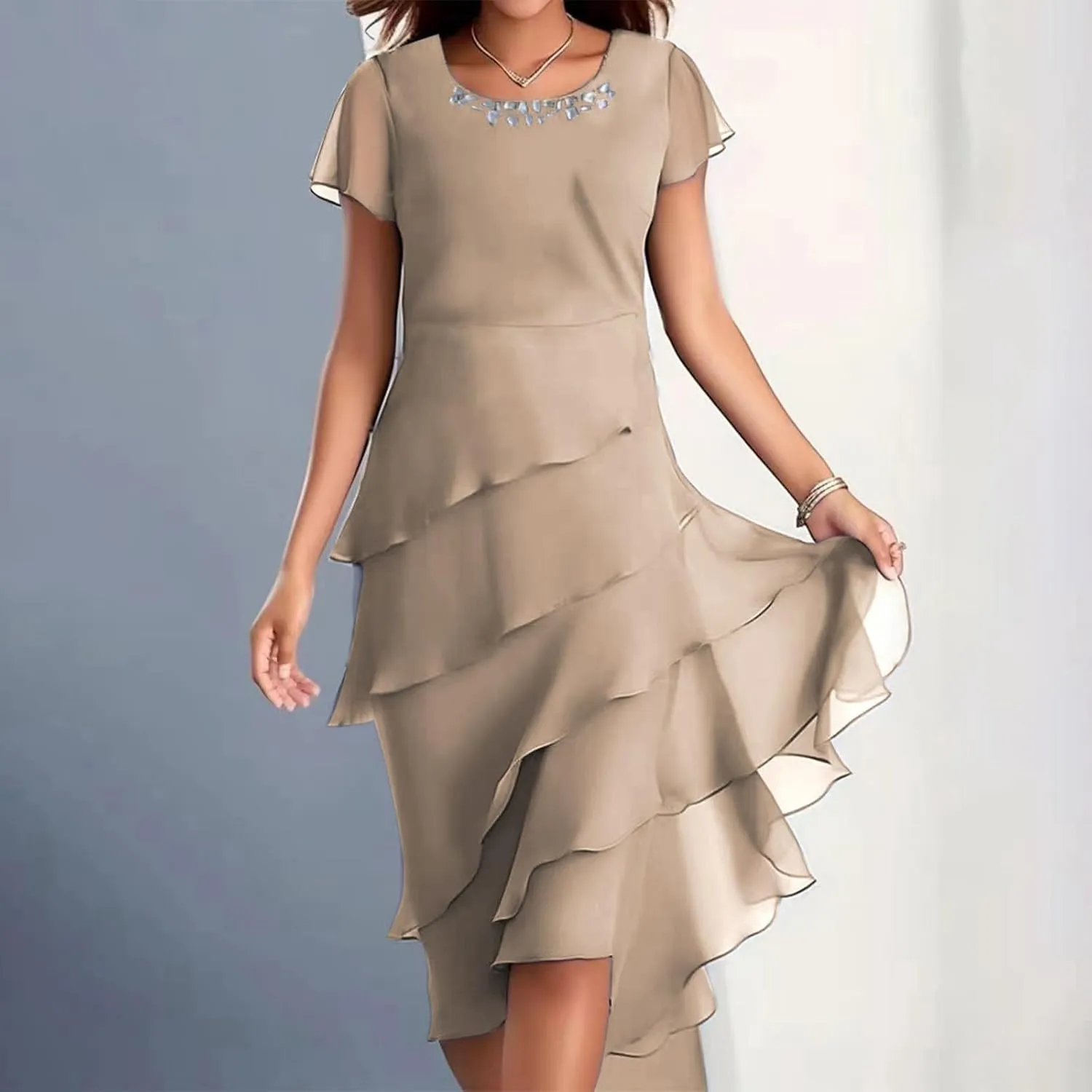 Women's Dress 2025 Summer Elegant Short Sleeve Knee Length Flowy Cocktail Dresses Layered Chiffon Wedding Guests Dresses