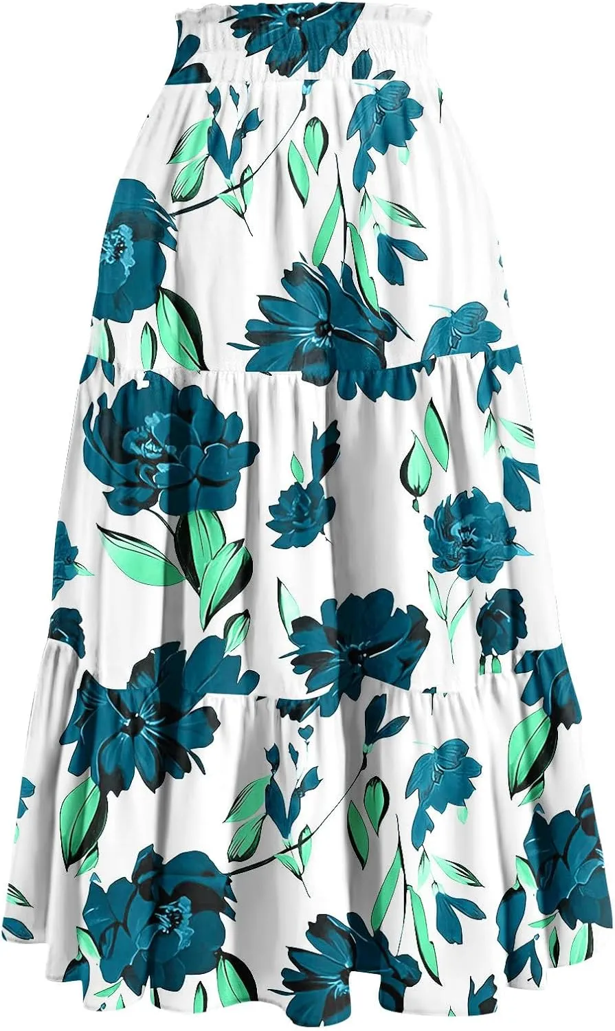 Women's Dresses Boho Floral Skirt Casual Elastic High Waist Maxi Skirts Flowy A Line Beach Long Skirt Dresses