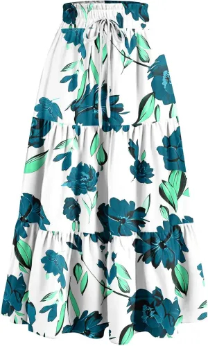 Women's Dresses Boho Floral Skirt Casual Elastic High Waist Maxi Skirts Flowy A Line Beach Long Skirt Dresses