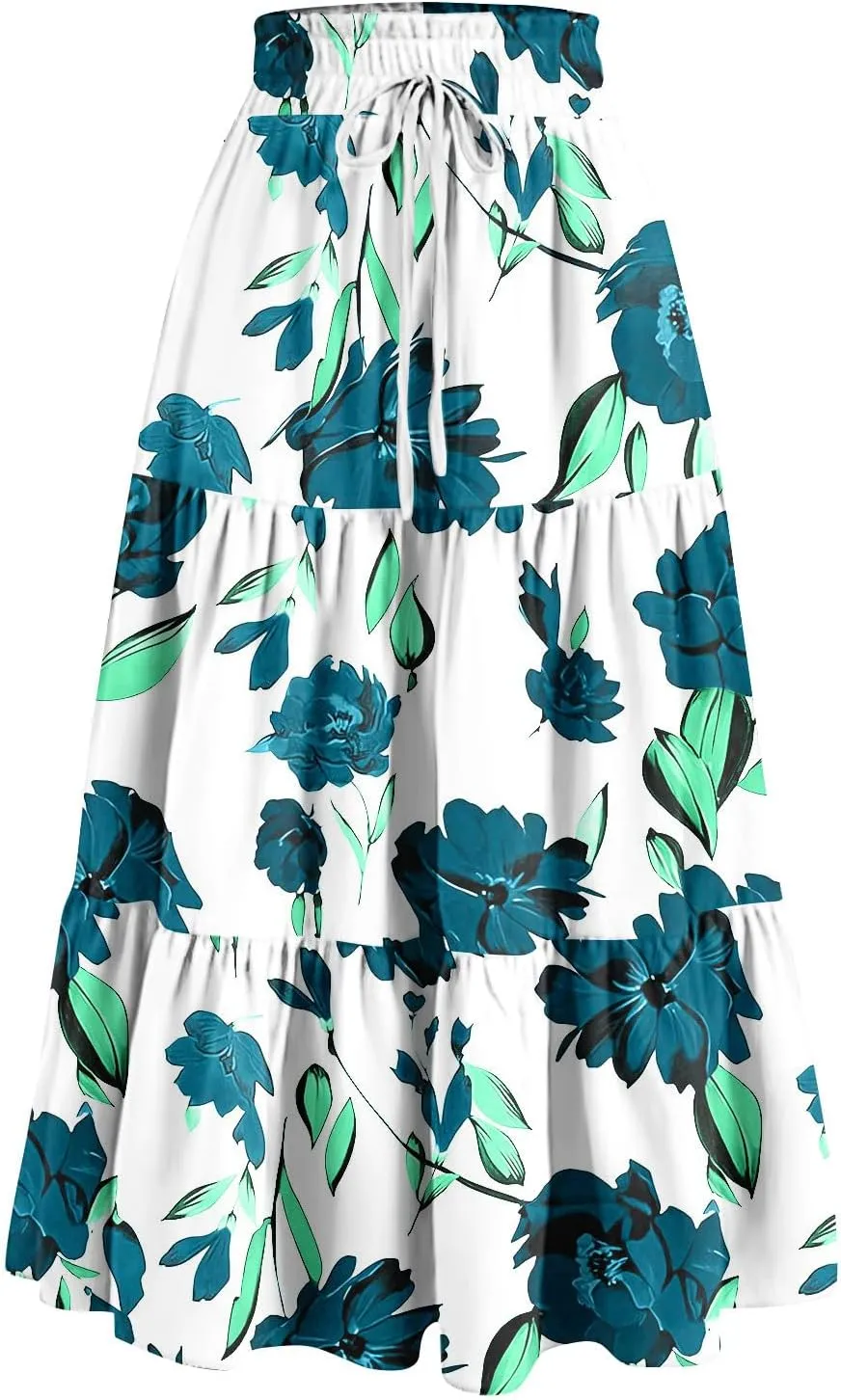 Women's Dresses Boho Floral Skirt Casual Elastic High Waist Maxi Skirts Flowy A Line Beach Long Skirt Dresses