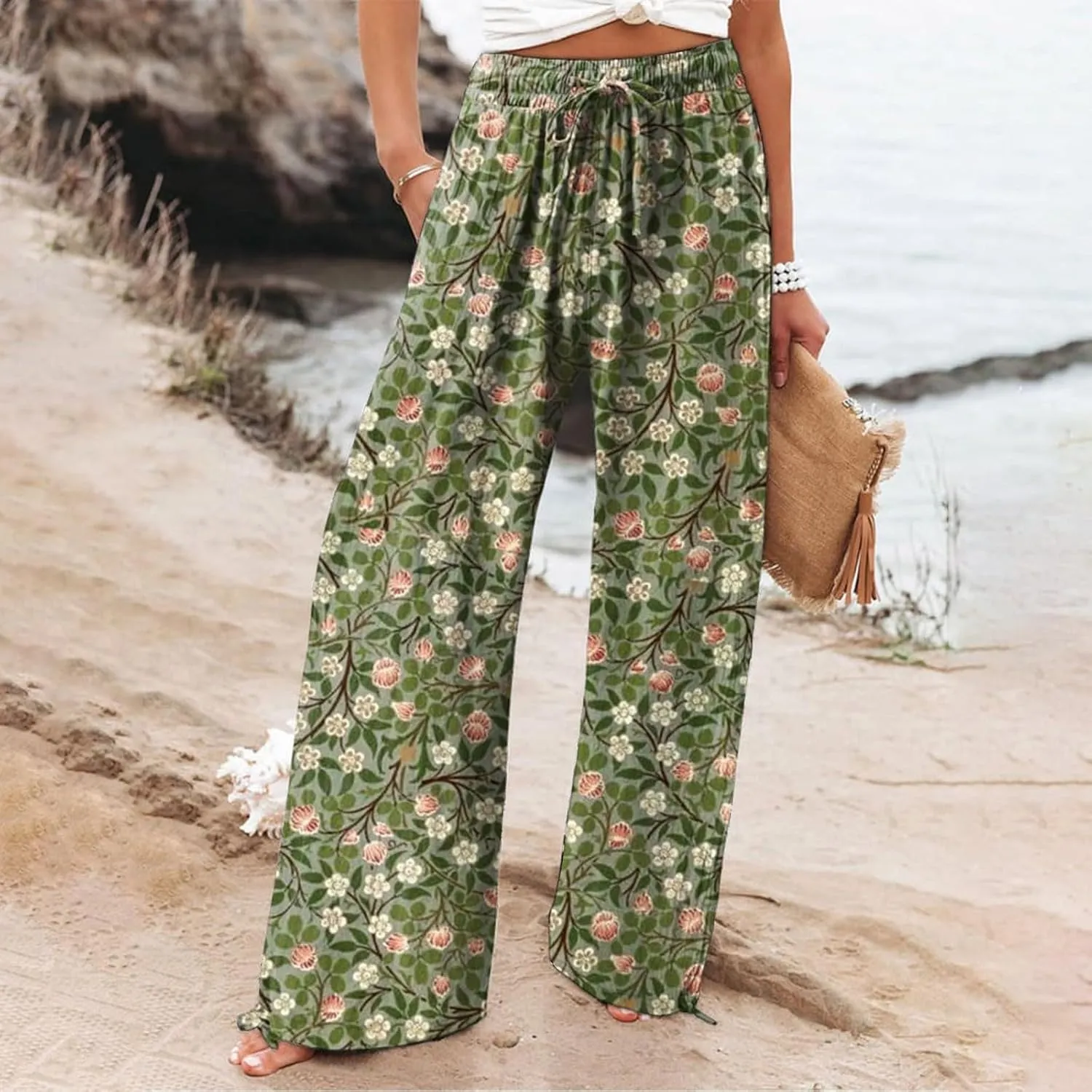 Womens Elastic High Waisted Pants Womens Cotton Casual Loose Pants Comfy Work Pants with Pockets Elastic High Waist