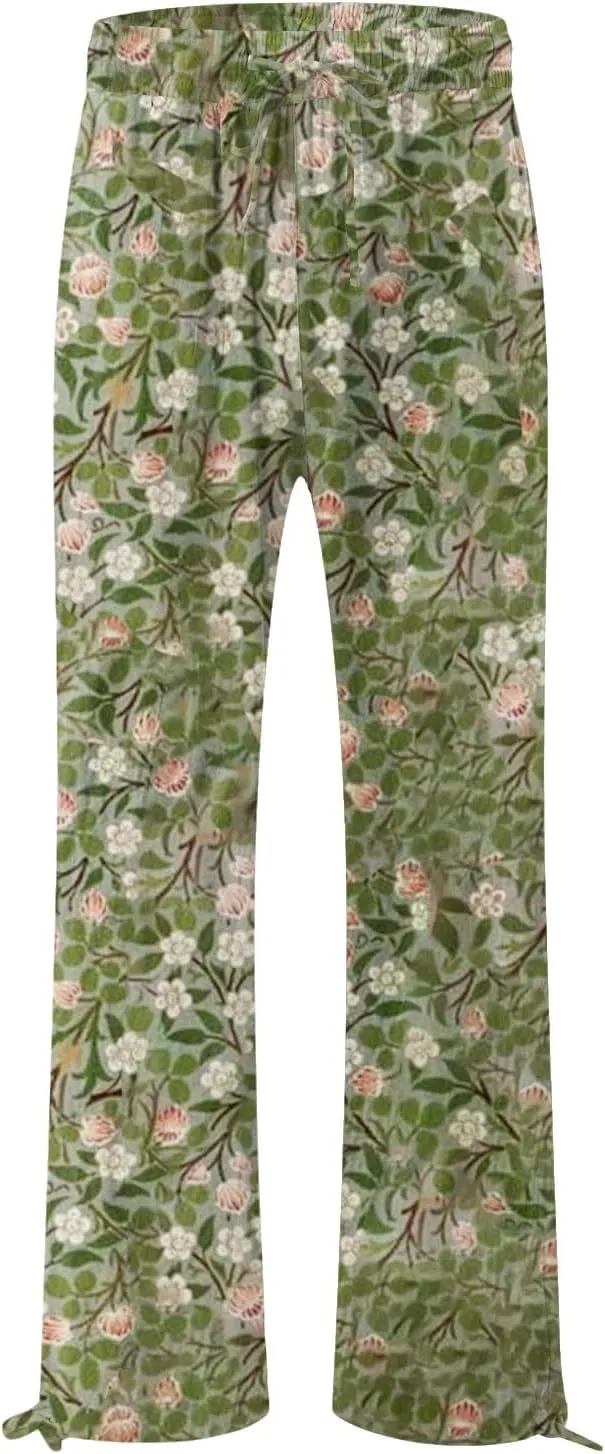 Womens Elastic High Waisted Pants Womens Cotton Casual Loose Pants Comfy Work Pants with Pockets Elastic High Waist