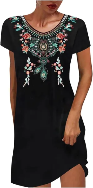 Women's Embroidered Mexican Peasant Dresses Plus Size Fiesta Boho Shirt Dress Traditional Floral Ethnic Tunic Top