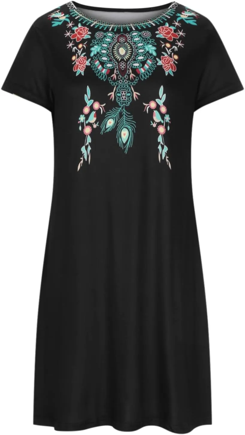 Women's Embroidered Mexican Peasant Dresses Plus Size Fiesta Boho Shirt Dress Traditional Floral Ethnic Tunic Top