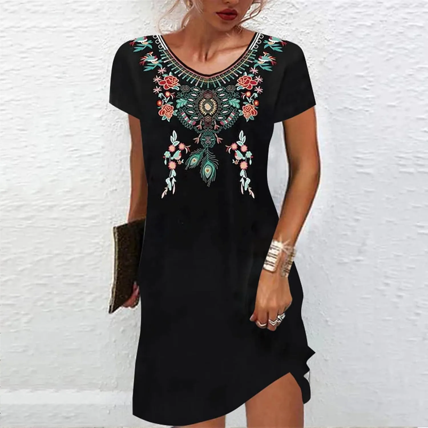 Women's Embroidered Mexican Peasant Dresses Plus Size Fiesta Boho Shirt Dress Traditional Floral Ethnic Tunic Top