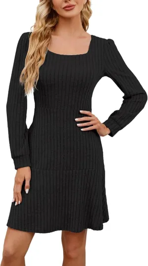 Women's Fall Sweater Dress Square Neck Long Sleeve BAB ydoll Mini Dress 2024 Prom Shirt Dress A Line Dress