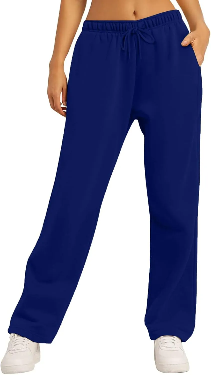 Women's Fleece Lined Sweatpants Casual Fall High Waisted Drawstring Baggy Wide Straight Leg Lounge Pants with Pockets