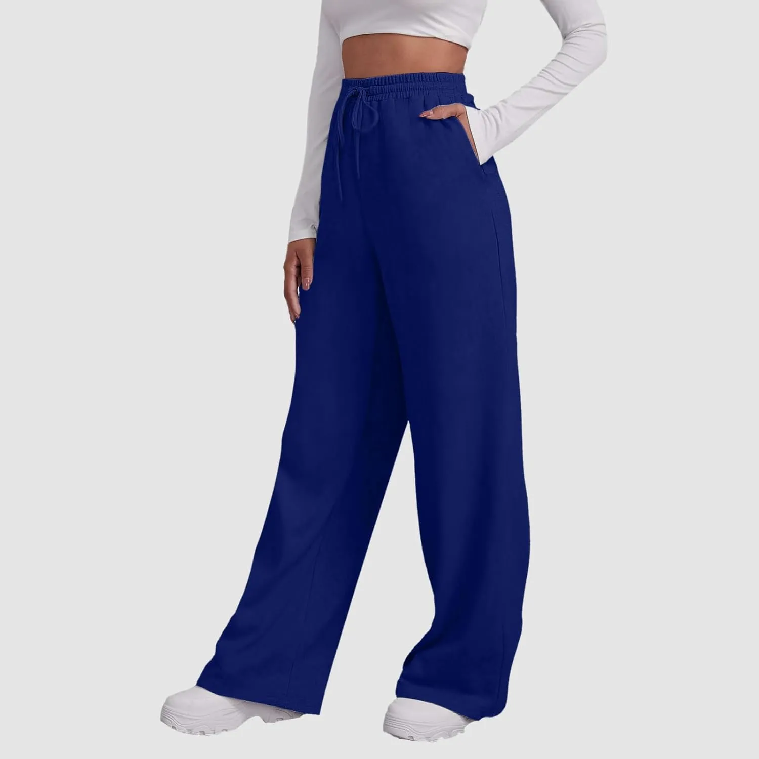 Women's Fleece Lined Sweatpants Casual Fall High Waisted Drawstring Baggy Wide Straight Leg Lounge Pants with Pockets