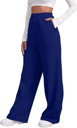 Women's Fleece Lined Sweatpants Casual Fall High Waisted Drawstring Baggy Wide Straight Leg Lounge Pants with Pockets
