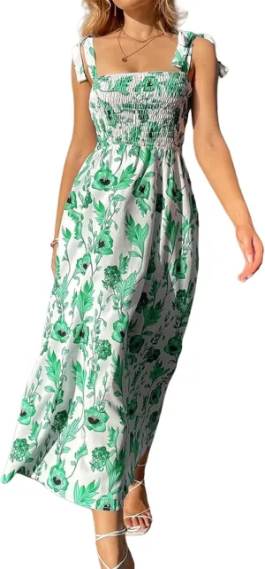 Womens Floral Dresses Summer Sexy Adjustable Spaghetti Strap Off Shoulder Dress Trendy Flowy Tunic Beach Sundress