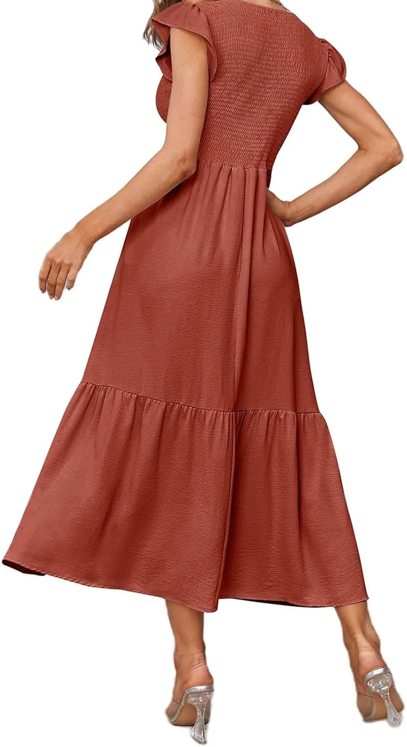 Womens Flutter Short Sleeve Smocked Midi Dress Casual Tiered Modest Floral Boho Maxi Dress Boho Sundress