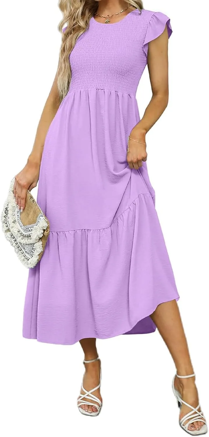 Womens Flutter Short Sleeve Smocked Midi Dress Casual Tiered Modest Floral Boho Maxi Dress Boho Sundress