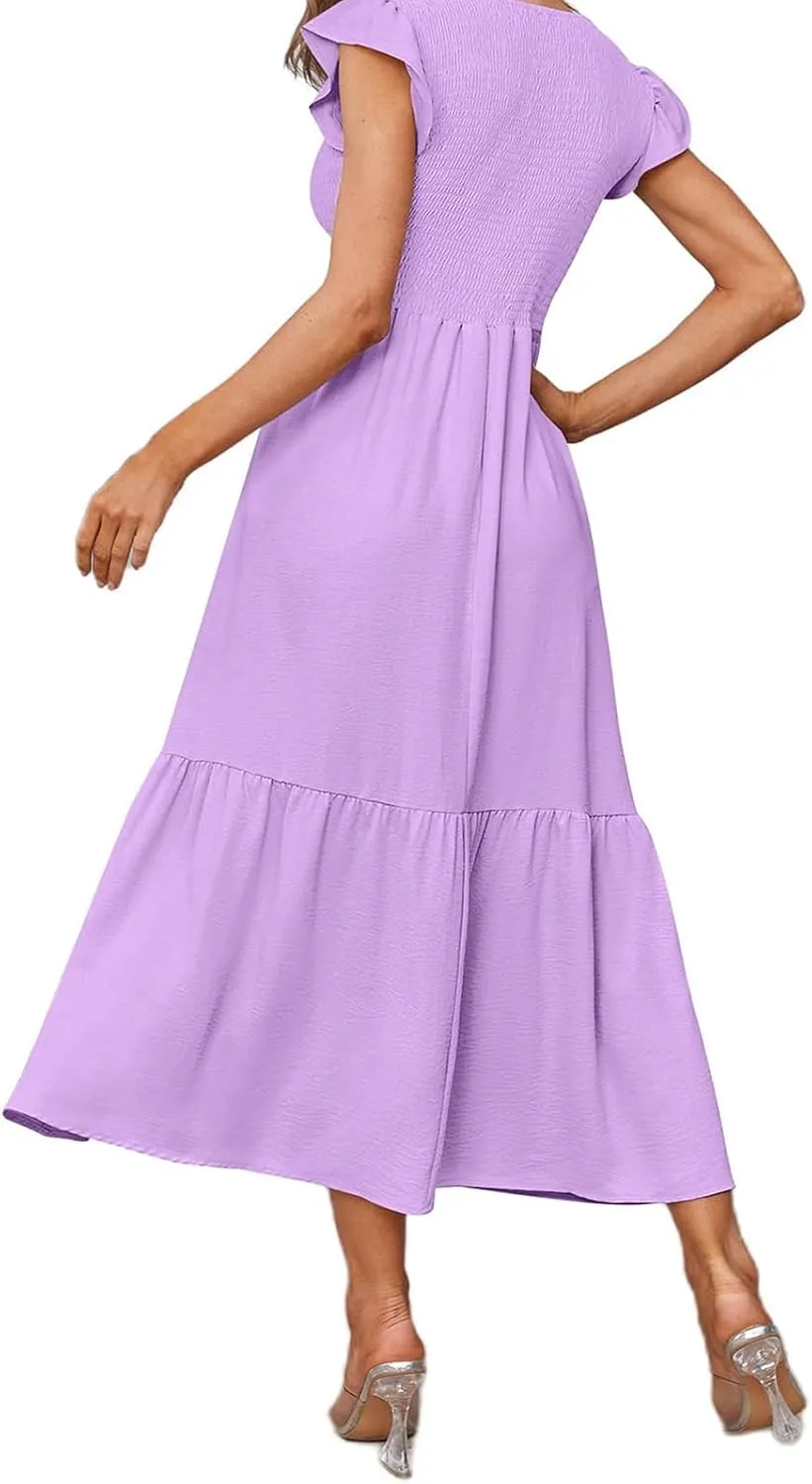 Womens Flutter Short Sleeve Smocked Midi Dress Casual Tiered Modest Floral Boho Maxi Dress Boho Sundress