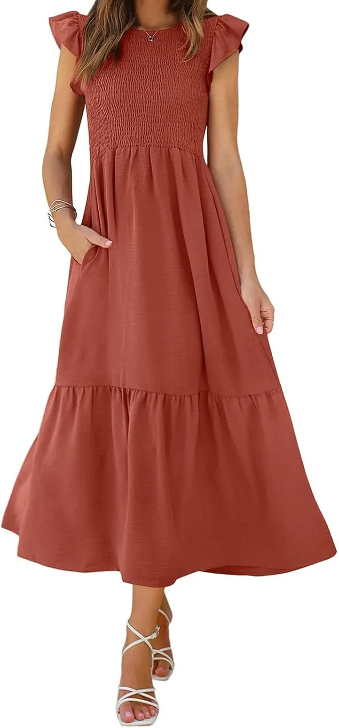 Womens Flutter Short Sleeve Smocked Midi Dress Casual Tiered Modest Floral Boho Maxi Dress Boho Sundress