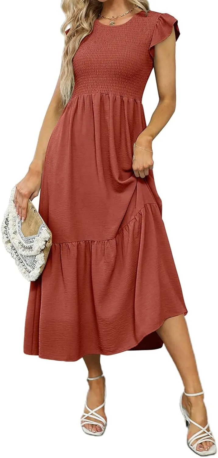 Womens Flutter Short Sleeve Smocked Midi Dress Casual Tiered Modest Floral Boho Maxi Dress Boho Sundress
