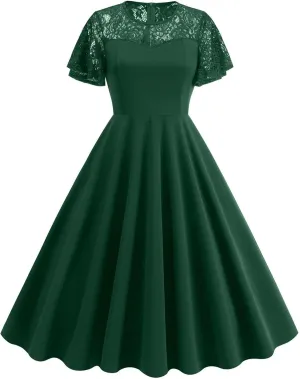 Womens Formal Dresses 1950s Mesh Floral Embroidery Vintage Cocktail Swing Ruffle Sleeve Midi Dress Prom Ball Gown