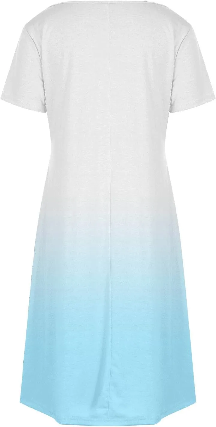 Womens Gradient Summer Dresses 2025 Short Sleeve V Neck Shift Casual Dress Beach Vacation Sundress
