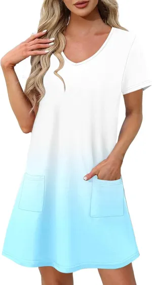 Womens Gradient Summer Dresses 2025 Short Sleeve V Neck Shift Casual Dress Beach Vacation Sundress