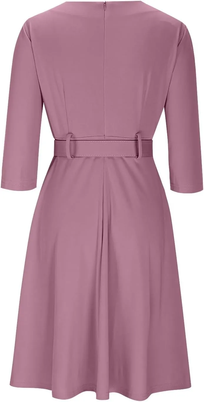 Womens Half Sleeve Zip Front Belted Midi Dress Summer Trendy Solid Color A Line Dresses Sexy Slim Fit Business Dress