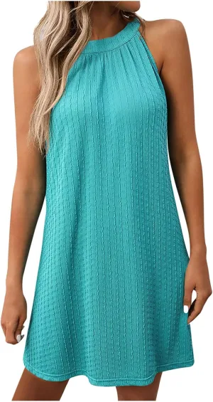 Womens Halter Mini Dress 2025 Trendy Solid Casual Round Neck Sleeveless Sundress Beach Vacation Dresses