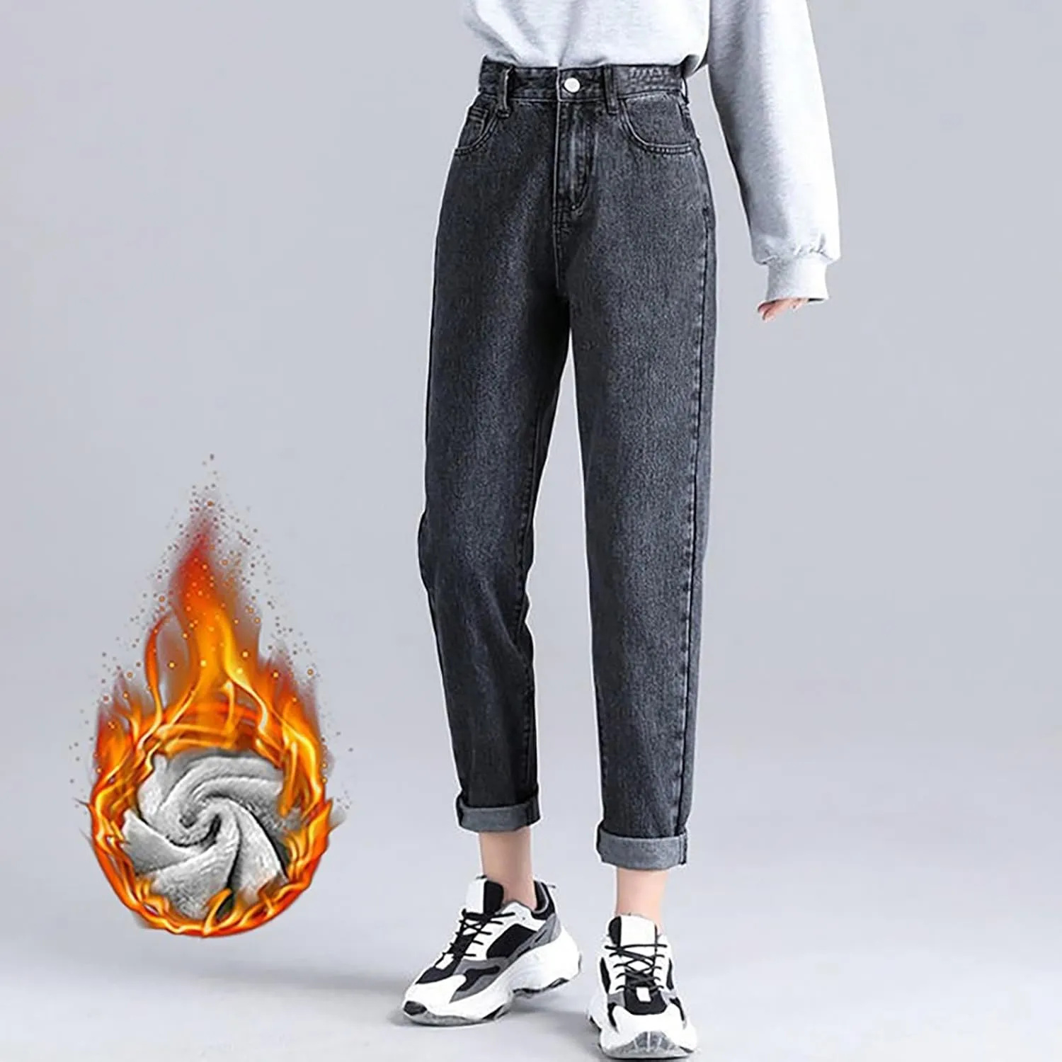 Women's Jeans High Waisted Warm Winter Stretchy Fleece Lined Thicken Lounge Boot Cut Slim Fit Trousers with Pockets