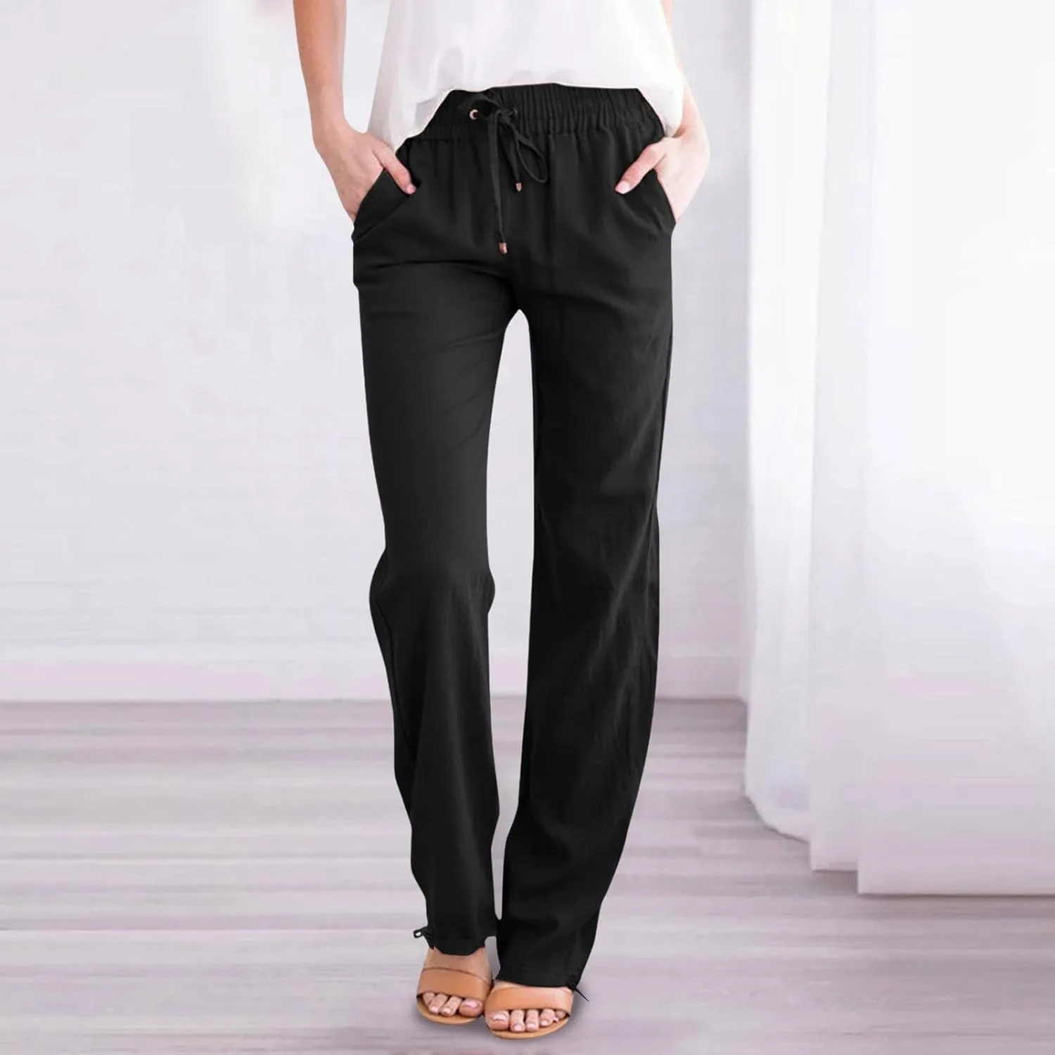 Women's Linen Capri Pants mom Jeans high Waisted Light Weight Pants for Women Summer Travel Linen Pants Wrinkle Free